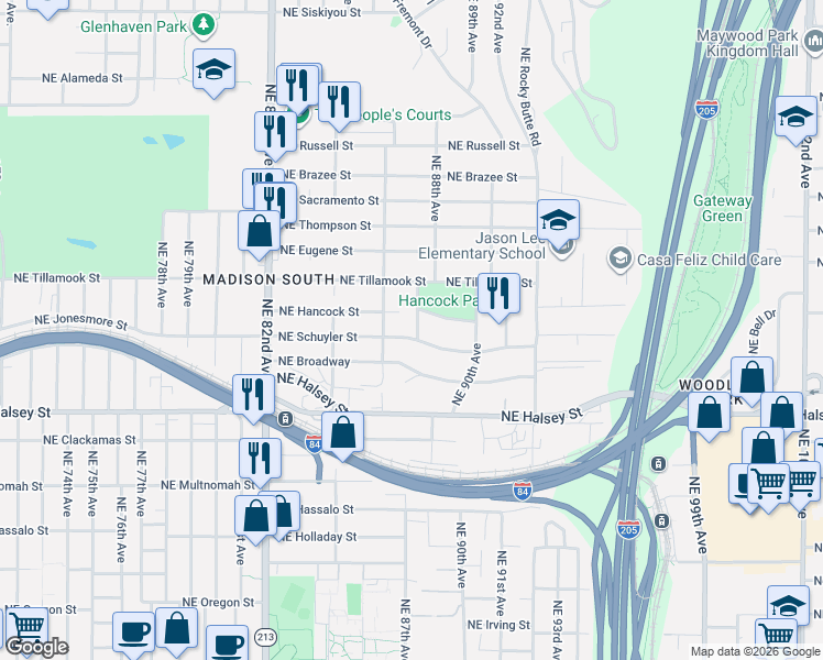 map of restaurants, bars, coffee shops, grocery stores, and more near 8647 Northeast Schuyler Street in Portland