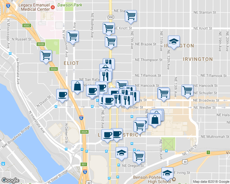 map of restaurants, bars, coffee shops, grocery stores, and more near 421-427 Northeast Schuyler Street in Portland