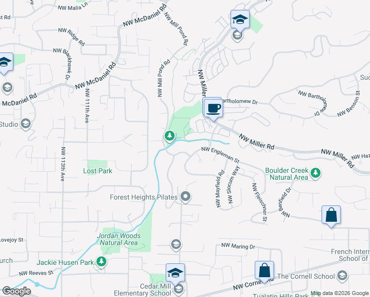 map of restaurants, bars, coffee shops, grocery stores, and more near 1713 Northwest Mill Pond Road in Portland