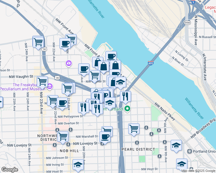 map of restaurants, bars, coffee shops, grocery stores, and more near 1700 Northwest Thurman Street in Portland
