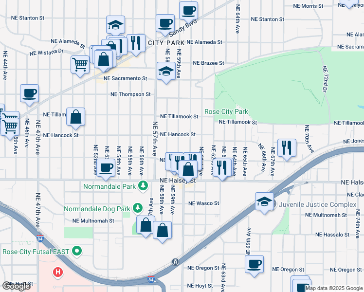 map of restaurants, bars, coffee shops, grocery stores, and more near 1730 Northeast 59th Avenue in Portland