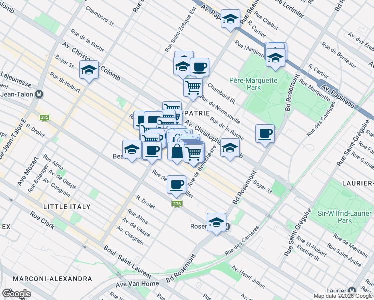 map of restaurants, bars, coffee shops, grocery stores, and more near 6304 Rue Saint-André in Montréal