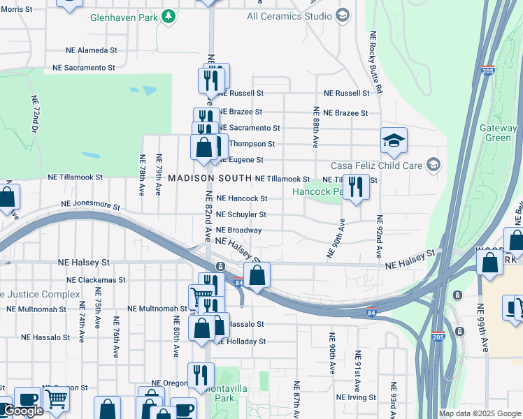 map of restaurants, bars, coffee shops, grocery stores, and more near 8448 Northeast Schuyler Street in Portland
