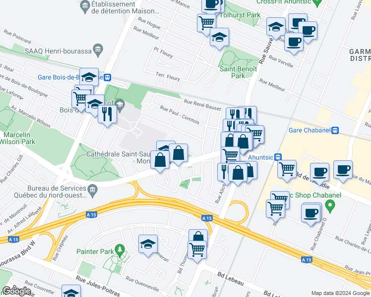 map of restaurants, bars, coffee shops, grocery stores, and more near 10061 Rue Jules Crépeau in Montréal