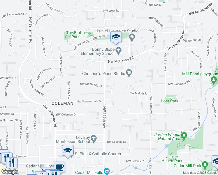 map of restaurants, bars, coffee shops, grocery stores, and more near 11858 Northwest Maple Hill Lane in Portland
