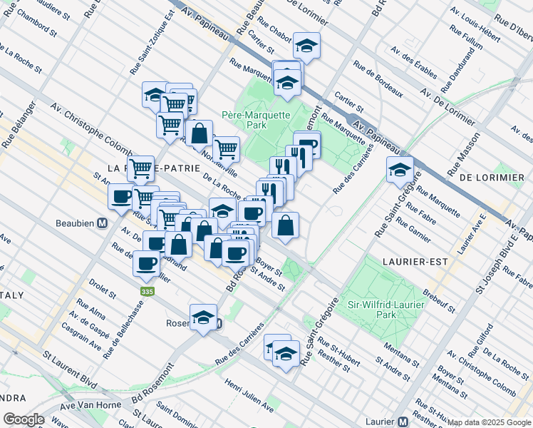 map of restaurants, bars, coffee shops, grocery stores, and more near 5825 De La Roche Street in Montreal