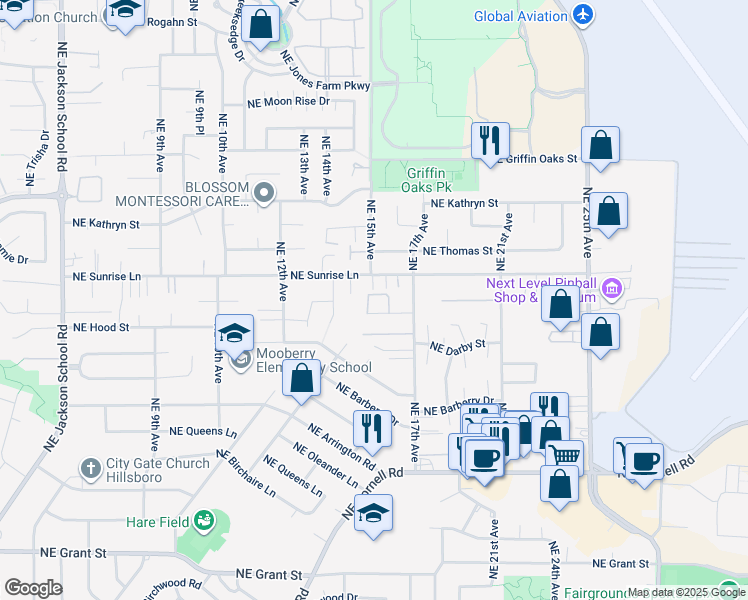 map of restaurants, bars, coffee shops, grocery stores, and more near 1427 Northeast Herrold Court in Hillsboro