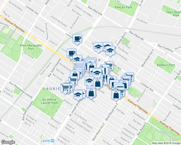 map of restaurants, bars, coffee shops, grocery stores, and more near 1808 Avenue Laurier Est in Montréal