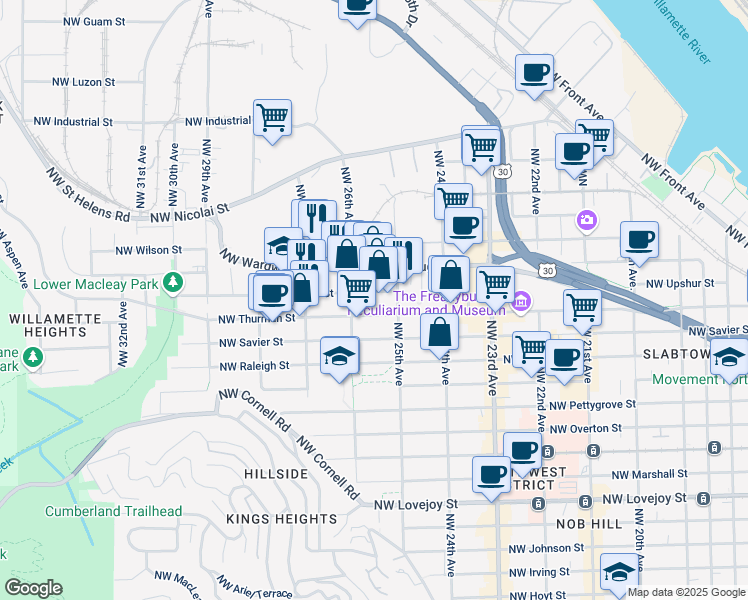 map of restaurants, bars, coffee shops, grocery stores, and more near 2573 Northwest Thurman Street in Portland