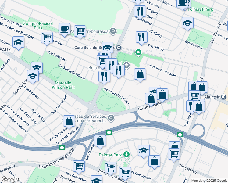 map of restaurants, bars, coffee shops, grocery stores, and more near 1600 Rue Louis Carrier in Montrã©Al