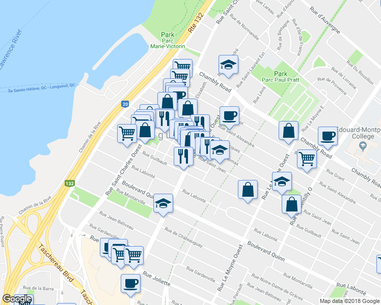 map of restaurants, bars, coffee shops, grocery stores, and more near 257 Rue Saint-Jean in Longueuil