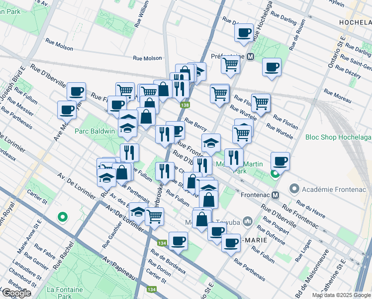 map of restaurants, bars, coffee shops, grocery stores, and more near 2610 Rue Frontenac in Montréal