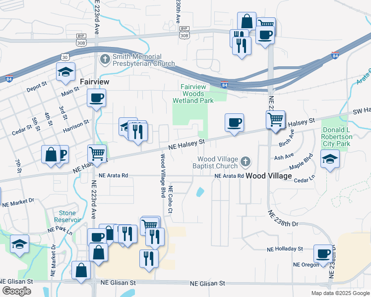 map of restaurants, bars, coffee shops, grocery stores, and more near in Wood Village