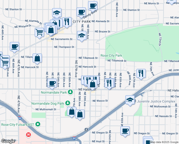 map of restaurants, bars, coffee shops, grocery stores, and more near 1730 Northeast 59th Avenue in Portland