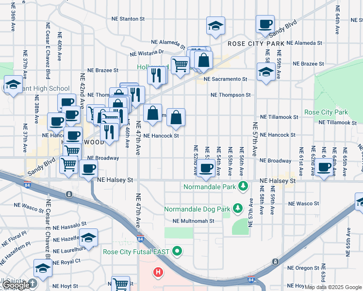 map of restaurants, bars, coffee shops, grocery stores, and more near 1726 Northeast 50th Avenue in Portland