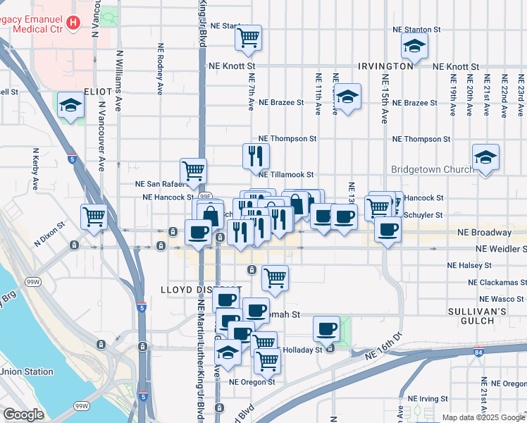 map of restaurants, bars, coffee shops, grocery stores, and more near in Portland