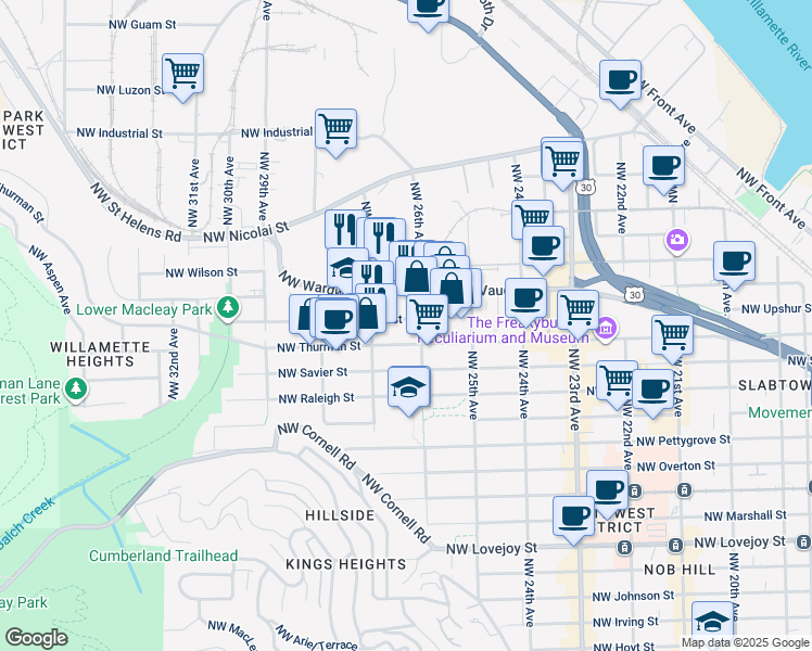 map of restaurants, bars, coffee shops, grocery stores, and more near 2651 Northwest Thurman Street in Portland