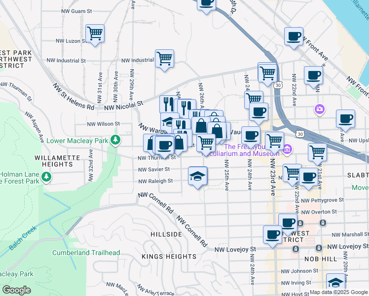 map of restaurants, bars, coffee shops, grocery stores, and more near 2651 Northwest Thurman Street in Portland
