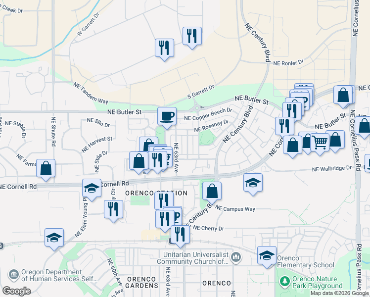 map of restaurants, bars, coffee shops, grocery stores, and more near 1505 Northeast 64th Avenue in Hillsboro