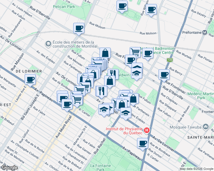 map of restaurants, bars, coffee shops, grocery stores, and more near 4385 Rue Parthenais in Montréal