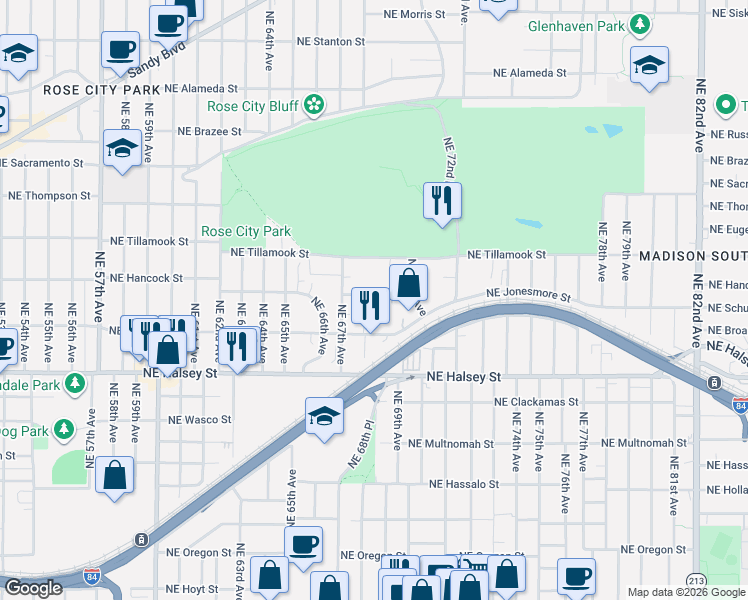 map of restaurants, bars, coffee shops, grocery stores, and more near 6810 Northeast Hancock Street in Portland