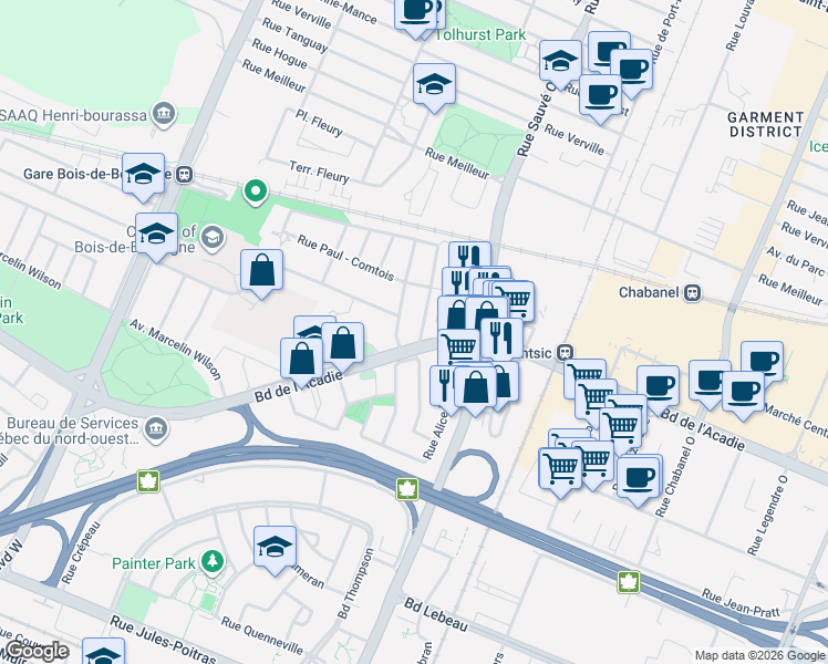 map of restaurants, bars, coffee shops, grocery stores, and more near 1287 Rue Alain Grandbois in Montréal