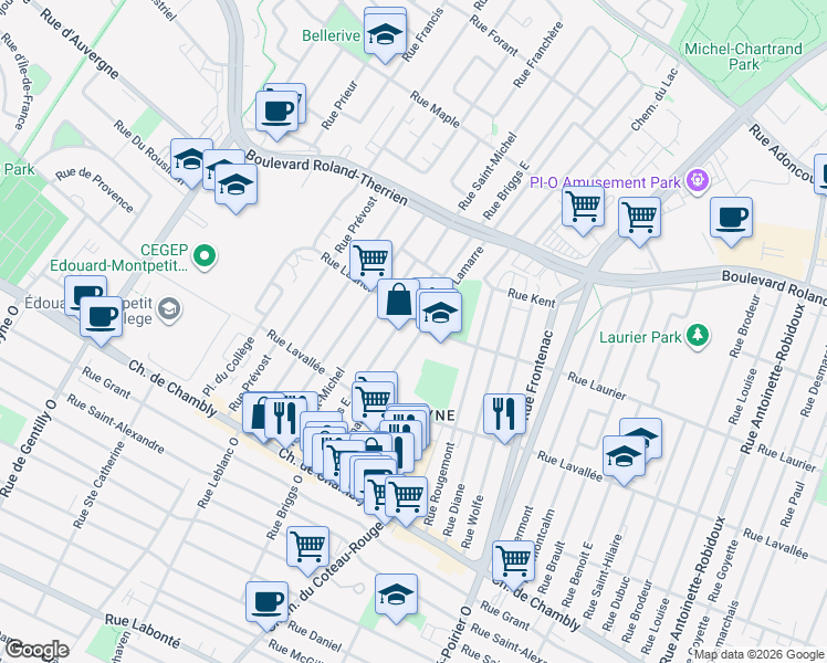 map of restaurants, bars, coffee shops, grocery stores, and more near 405 Rue Lamarre in Longueuil
