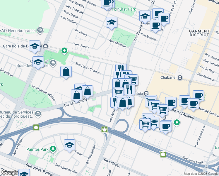 map of restaurants, bars, coffee shops, grocery stores, and more near 1300 Rue Alain Grandbois in Montréal