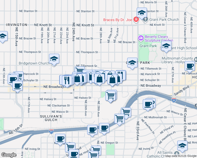 map of restaurants, bars, coffee shops, grocery stores, and more near 2747 Northeast Schuyler Street in Portland