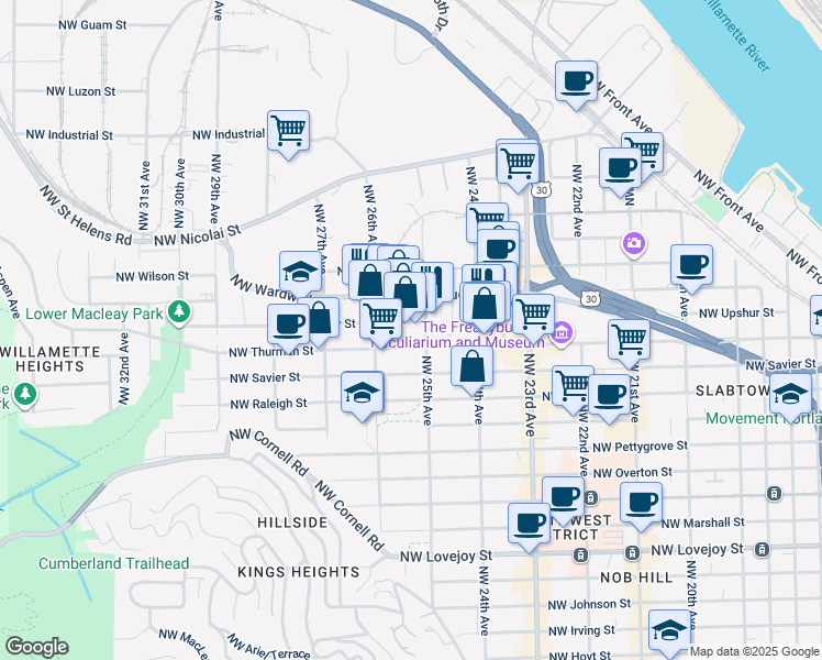 map of restaurants, bars, coffee shops, grocery stores, and more near 2520 Northwest Upshur Street in Portland