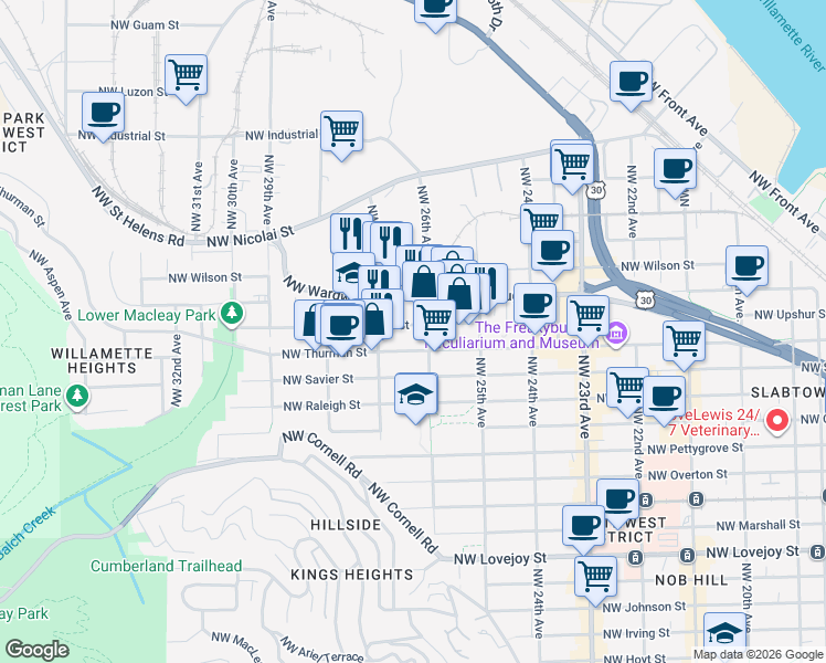 map of restaurants, bars, coffee shops, grocery stores, and more near 2650 Northwest Upshur Street in Portland