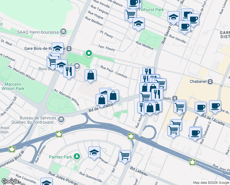 map of restaurants, bars, coffee shops, grocery stores, and more near 10087 Rue Jules Crépeau in Montréal