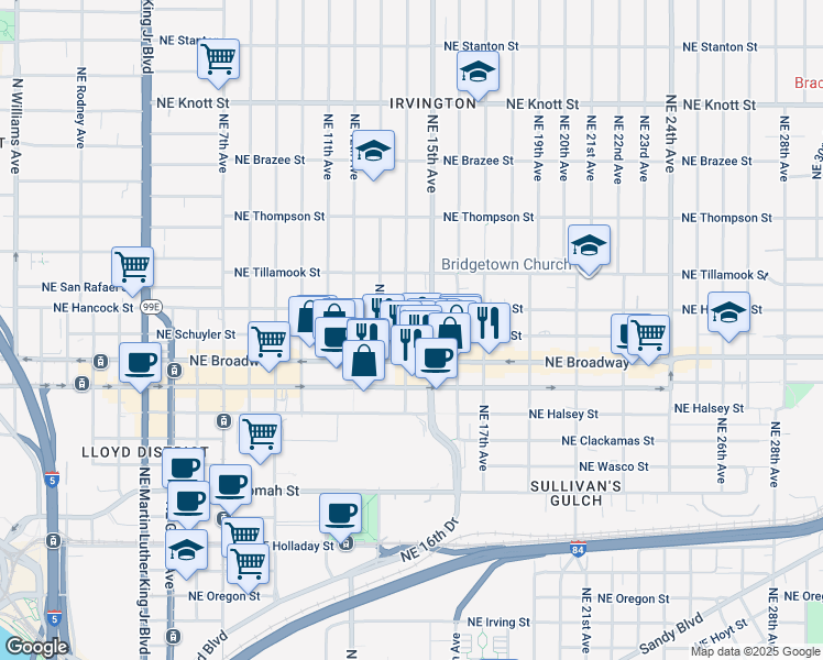 map of restaurants, bars, coffee shops, grocery stores, and more near 1312 Northeast Schuyler Street in Portland