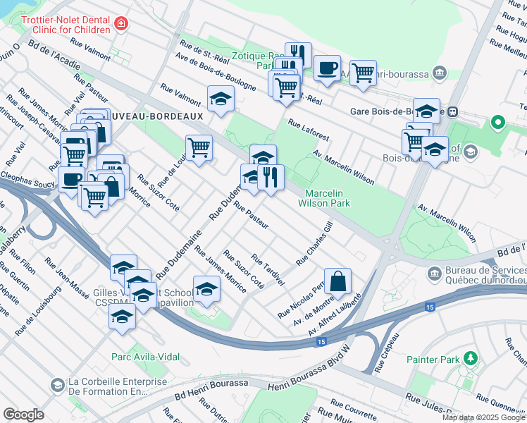 map of restaurants, bars, coffee shops, grocery stores, and more near 11480 Rue Frigon in Montréal