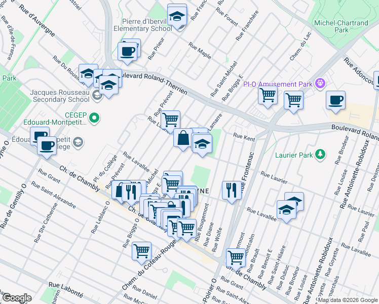 map of restaurants, bars, coffee shops, grocery stores, and more near 405 Rue Lamarre in Longueuil