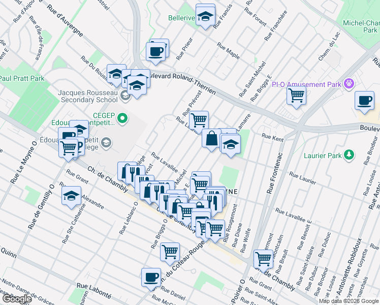 map of restaurants, bars, coffee shops, grocery stores, and more near 400 Rue Barthélémy in Longueuil