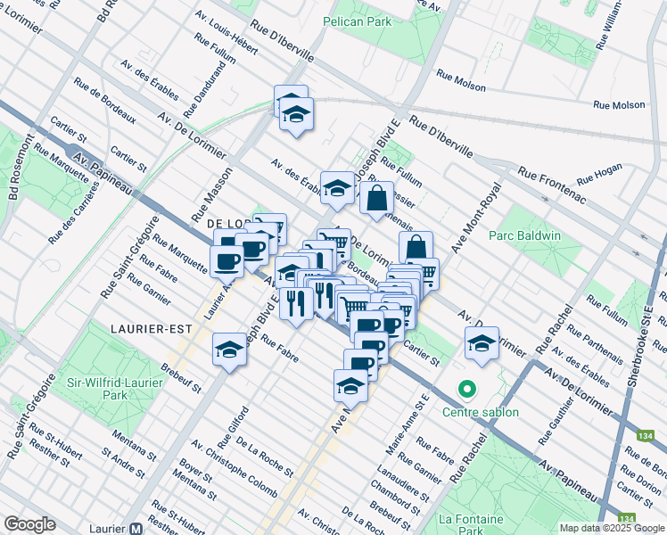 map of restaurants, bars, coffee shops, grocery stores, and more near 1955 Rue Gilford in Montréal