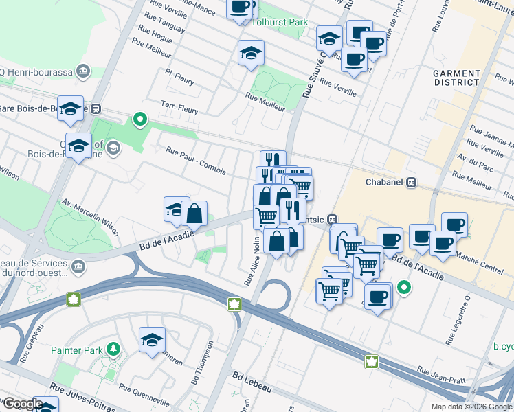 map of restaurants, bars, coffee shops, grocery stores, and more near 9999 Boulevard de l'Acadie in Montréal