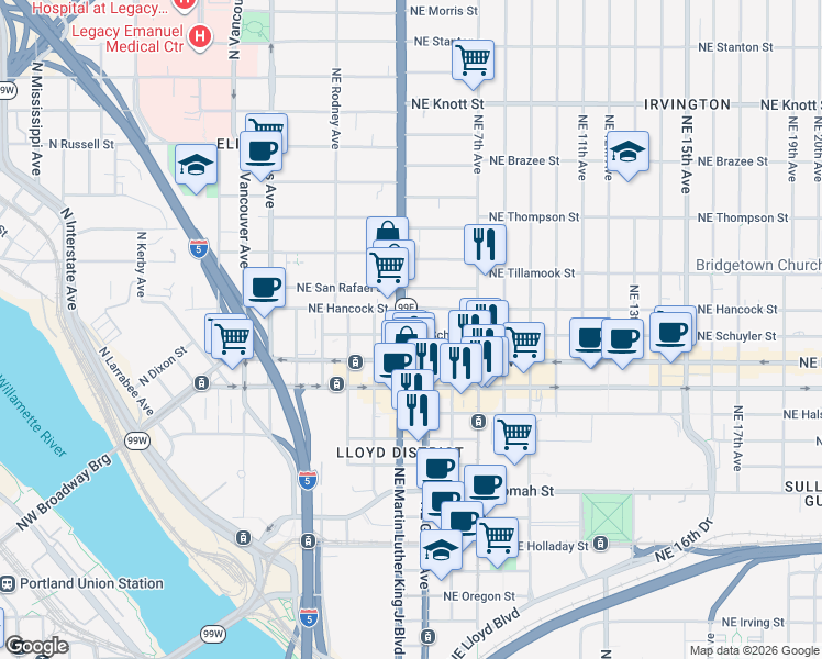 map of restaurants, bars, coffee shops, grocery stores, and more near in Portland