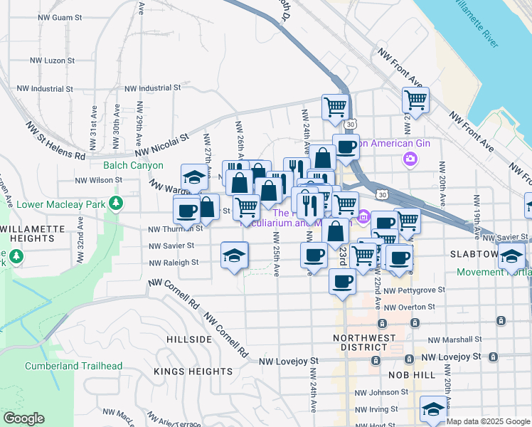 map of restaurants, bars, coffee shops, grocery stores, and more near 2520 Northwest Upshur Street in Portland