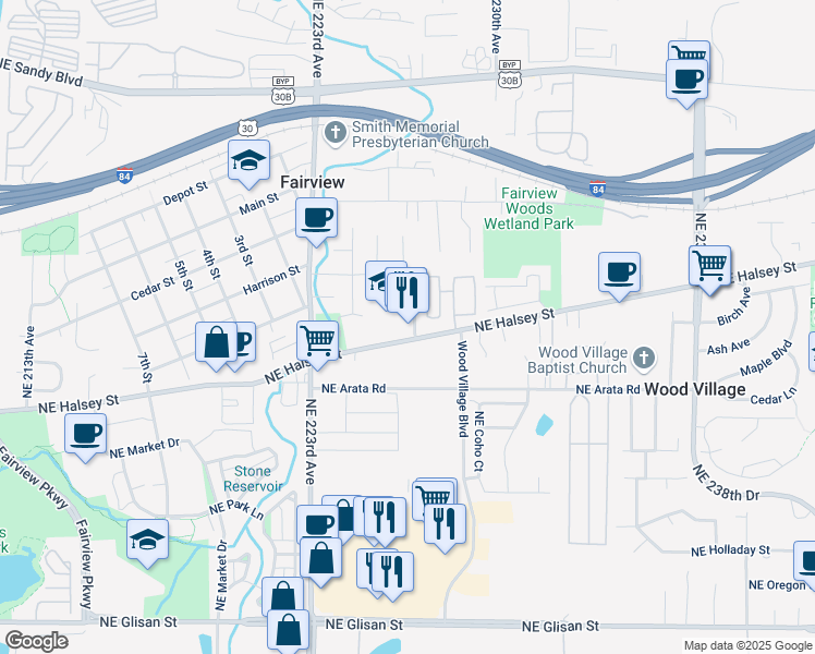 map of restaurants, bars, coffee shops, grocery stores, and more near 22605 Northeast Halsey Street in Fairview