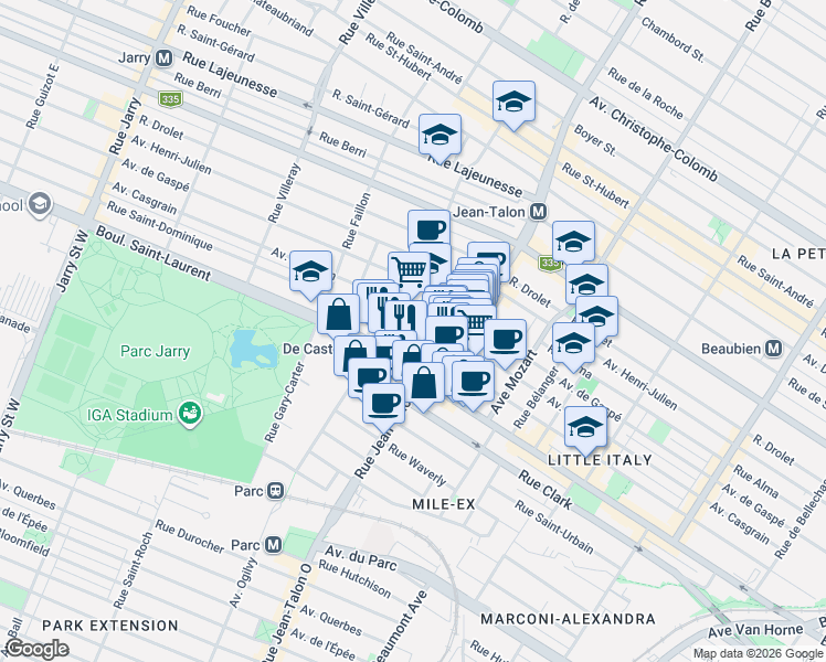 map of restaurants, bars, coffee shops, grocery stores, and more near 7243 Rue Saint-Dominique in Montréal