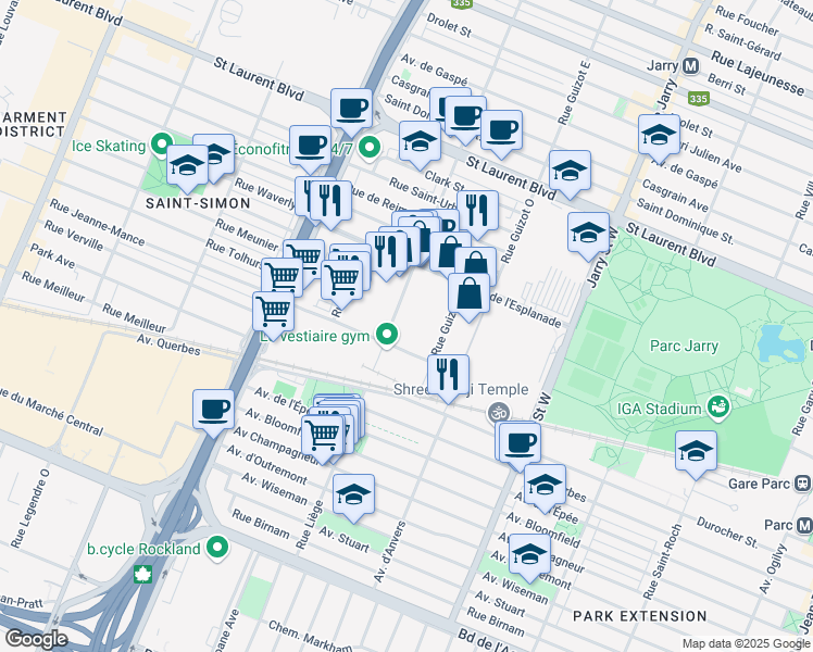 map of restaurants, bars, coffee shops, grocery stores, and more near in Montreal