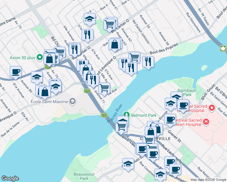 map of restaurants, bars, coffee shops, grocery stores, and more near 1re Rue in Laval