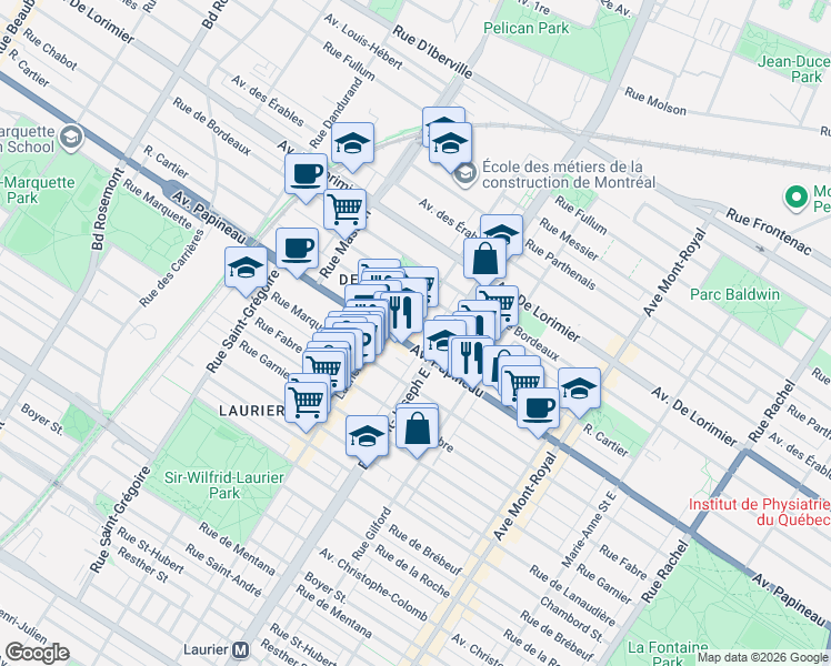 map of restaurants, bars, coffee shops, grocery stores, and more near 1816 Avenue Laurier Est in Montréal
