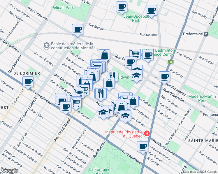 map of restaurants, bars, coffee shops, grocery stores, and more near 4362 Rue Messier in Montréal