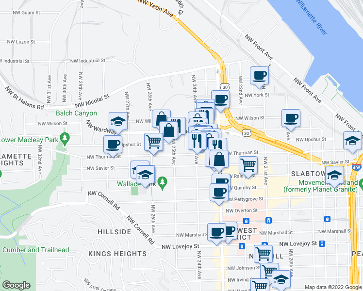 map of restaurants, bars, coffee shops, grocery stores, and more near 1829 Northwest 24th Place in Portland
