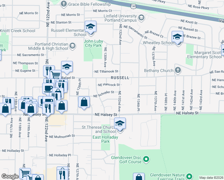 map of restaurants, bars, coffee shops, grocery stores, and more near 13039 Northeast Schuyler Street in Portland