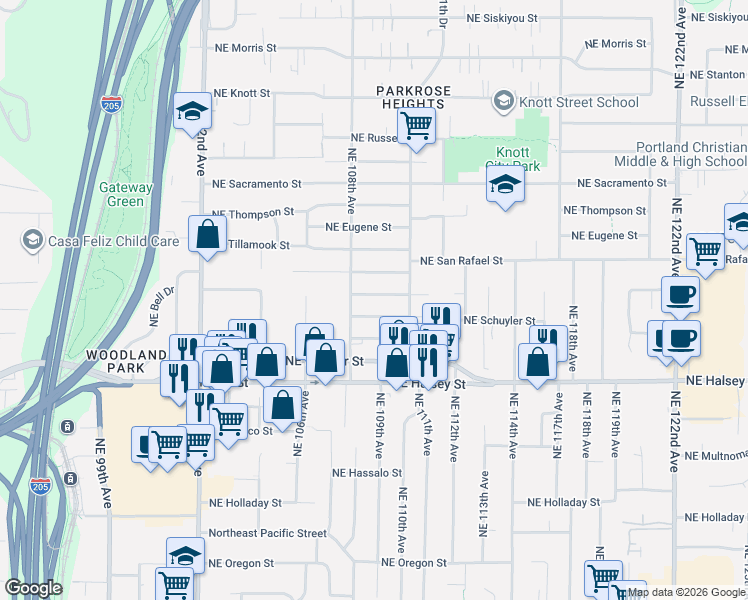 map of restaurants, bars, coffee shops, grocery stores, and more near 10925 Northeast Schuyler Street in Portland