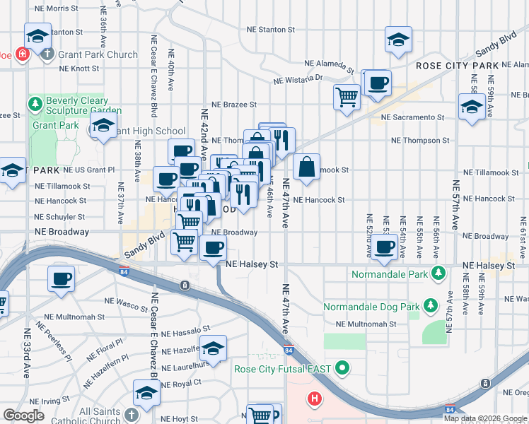 map of restaurants, bars, coffee shops, grocery stores, and more near 1727 Northeast 46th Avenue in Portland